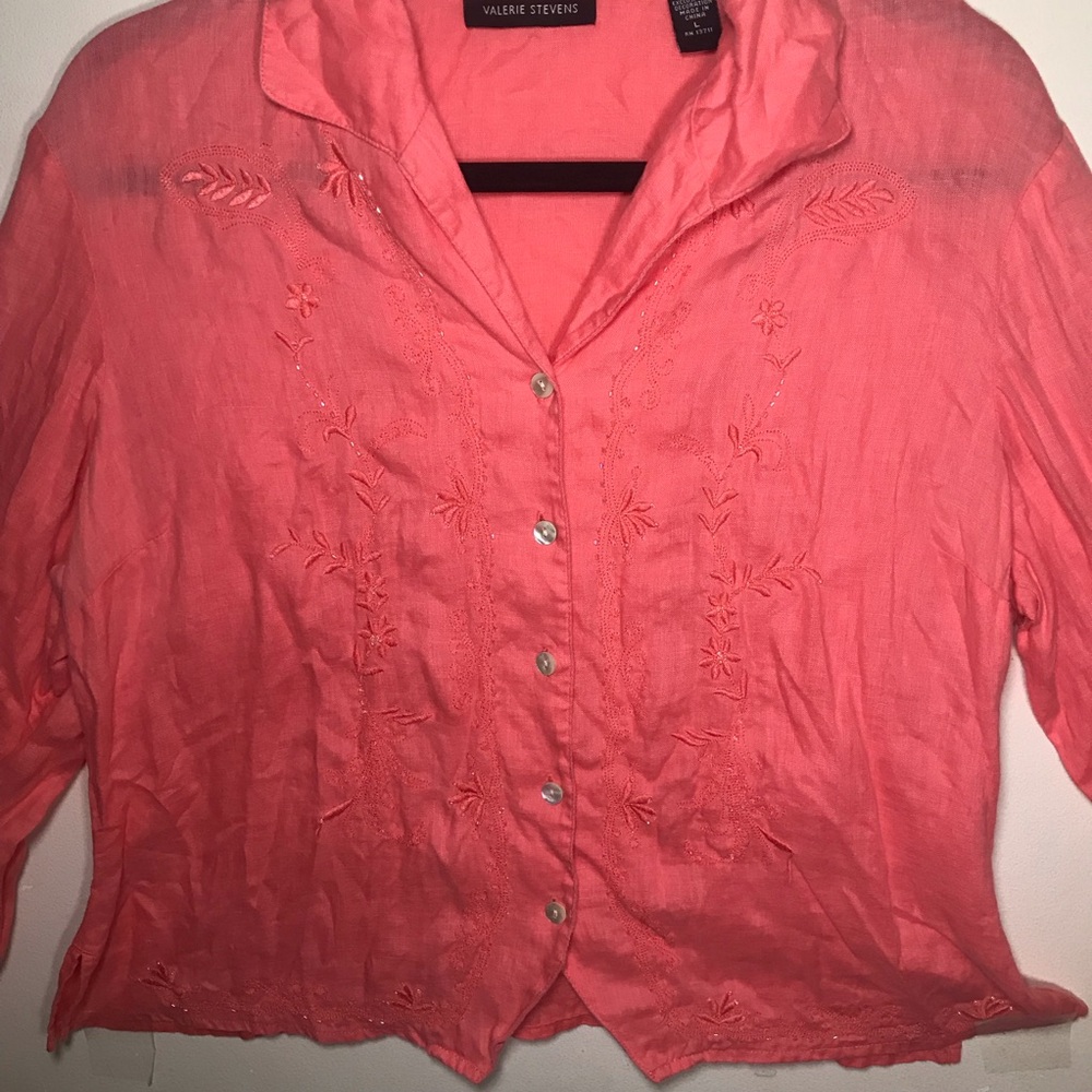 L linen valerie stevens pink embroidered embroidery beaded blouse shirt … - Picture 15 of 17